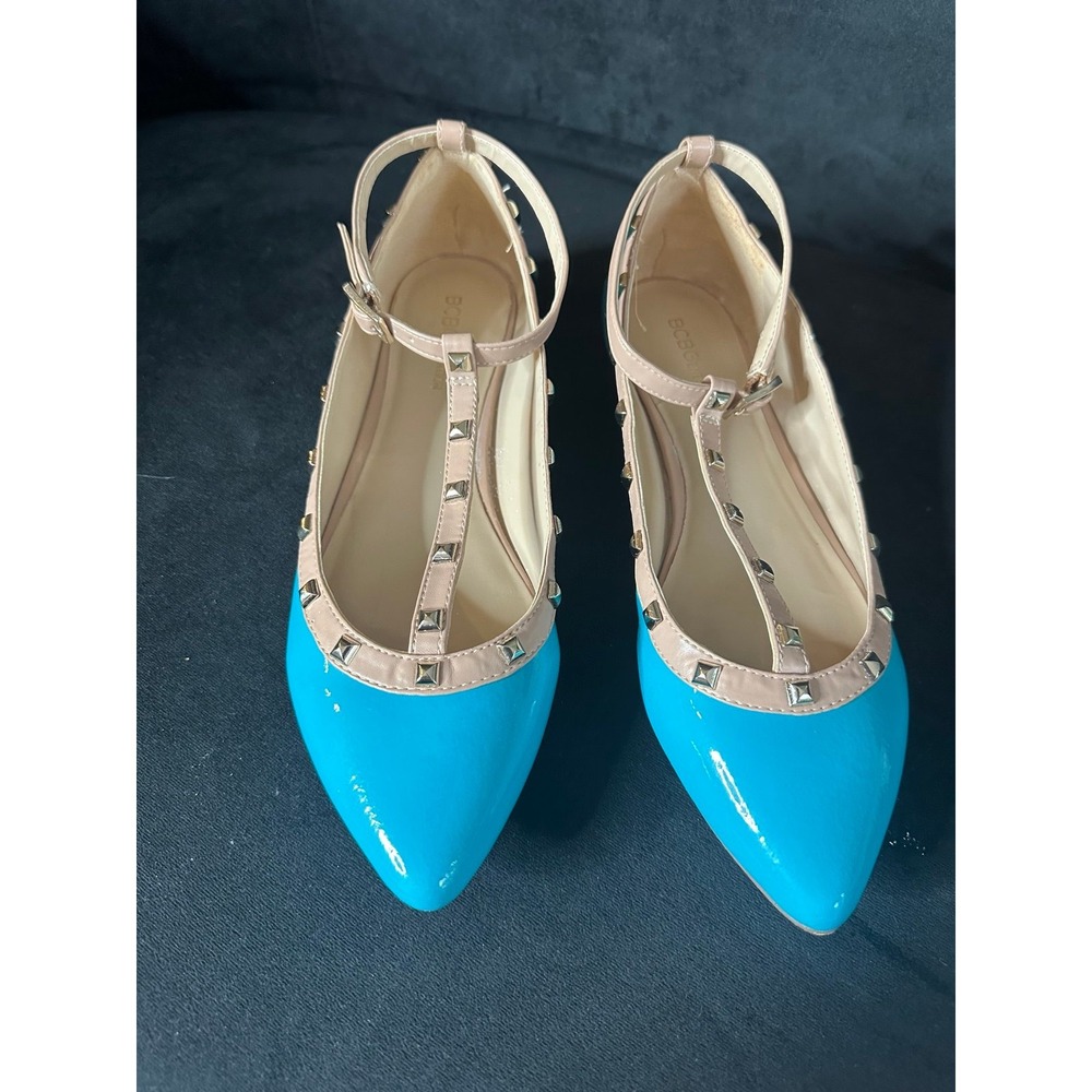 BCNG Generation Aqua Blue Patent Leather Flats Pointed Toes Sz 8 T Strap Studs